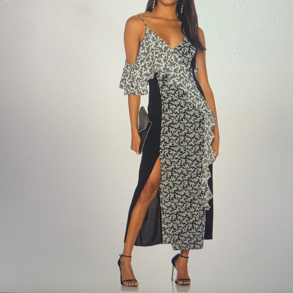 Black and white floral maxi dress with ruffle.